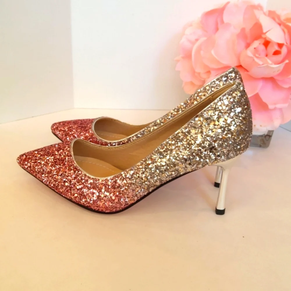 NEW ! Women's glamorous pink silver glitter high heels pumps Wedding Party Prom